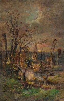 une image d'une peinture représentant un paysage avec des arbres et une rivière