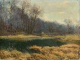 une peinture à l'huile représentant une rivière dans un champ, avec des arbres en arrière-plan