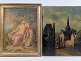 two paintings of a woman and a man in front of a church