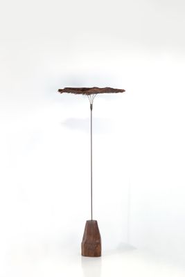 une image représentant une table en bois avec un piètement métallique posée sur une surface blanche