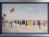 un tableau représentant une scène de plage avec des parasols sur le sable
