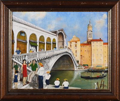 une peinture à l'huile représentant un pont enjambant une rivière, sur lequel se trouvent des personnes