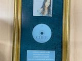 a framed picture of a woman with a cd on the wall