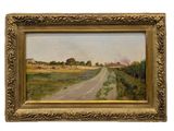 une peinture à l'huile représentant une route de campagne, dans un cadre doré, sur fond blanc