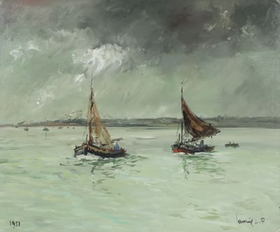 two boats that are in the water under a cloudy sky