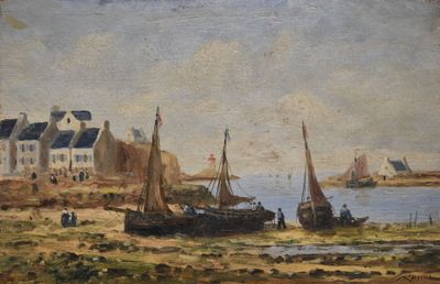 une image représentant un tableau montrant des bateaux sur l'eau près d'une ville