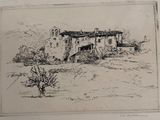 drawing of a house in a field with a tree in the foreground