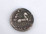 an old silver coin with a horse on it on a white surface
