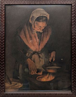 an old painting of a woman preparing food on a table