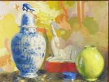 a painting of a blue and white vase with a bird on top of it