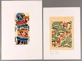 Deux tableaux aux motifs différents sont exposés sur une surface grise