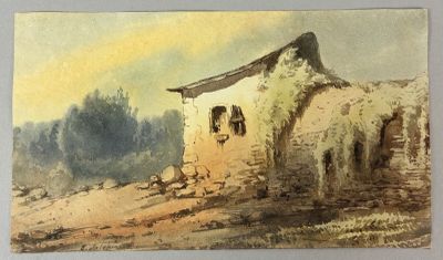 an old painting of a house on a hill with a sky background