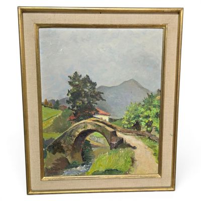 an oil painting of a bridge over a stream in a rural landscape