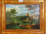 une peinture à l'huile représentant une scène fluviale avec un château en arrière-plan