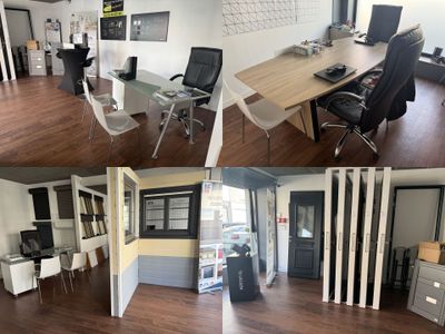 quatre photos différentes d'une pièce avec un bureau et des chaises