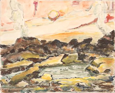 une image représentant une aquarelle d'un coucher de soleil sur des rochers