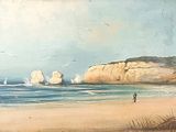 un tableau représentant une scène de plage avec des voiliers sur l'eau
