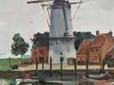 a painting of a windmill next to a body of water
