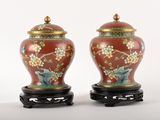 paire de vases rouges décorés d'oiseaux et de fleurs peints
