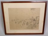 a framed drawing of a landscape with trees in the background