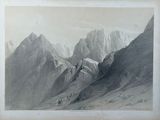 an old picture of a mountain scene with a person on a horse in the foreground
