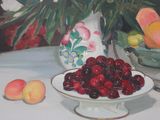 a painting of a bowl of cherries and peaches on a table