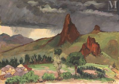l'image d'un tableau représentant un paysage avec des montagnes en arrière-plan
