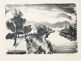 a black and white drawing of a house on a hill