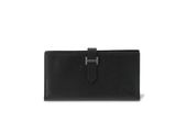 a black leather wallet with a metal clasp on the front