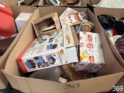 un carton rempli de cartons contenant des vêtements et d'autres objets