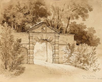 drawing of an old stone building with a gate and trees in the background