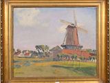 an oil painting of a windmill in a field with a sky background