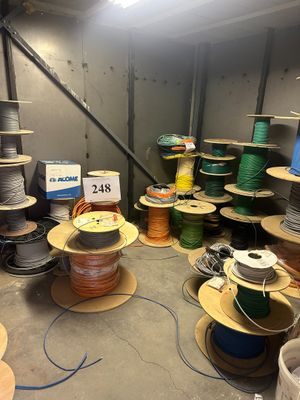 many spools of different colors and sizes in a room