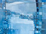 an abstract painting of blue and white squares on a blue background