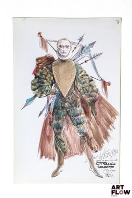 drawing of a man dressed in a costume with feathers and arrows