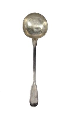 a silver spoon with a spoon handle on a white background