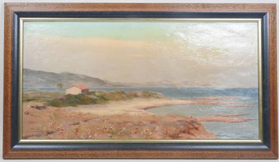un tableau représentant une scène de plage avec une maison au bord de l'eau