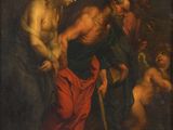 a painting of a group of people standing around a man holding a stick