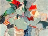 a painting of flowers in a vase on a table