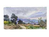 watercolor painting of a landscape with trees and mountains in the distance