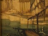 peinture d'un bateau sur un plan d'eau avec une ville en arrière-plan