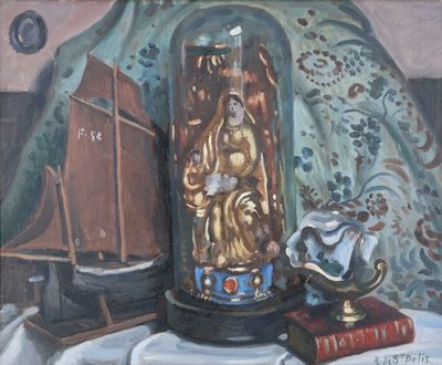 une peinture représentant une statue dans un bocal en verre posé sur une table