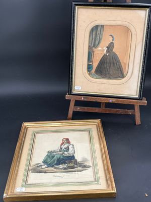 two framed pictures of a woman sitting on a chair next to a painting of a woman