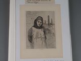 an old book with a picture of a woman standing in front of a building
