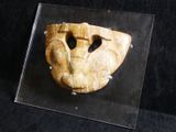 a mask on display in a glass case