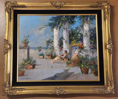 an oil painting of a woman sitting on a porch with a dog