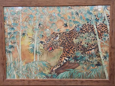 painting of a leopard on a tree branch in a jungle