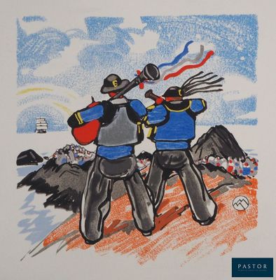 drawing of two men with hats and a baseball bat on a field