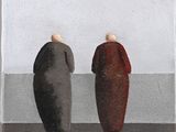 painting of two people standing next to each other in front of a white wall