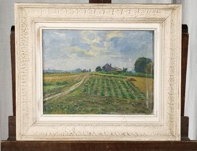 an oil painting of a farm with a barn in the distance